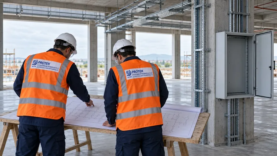 Yapım aşamasındaki binada baretli, yelekli iki mühendis sehpalı masadaki elektrik projesini inceliyor