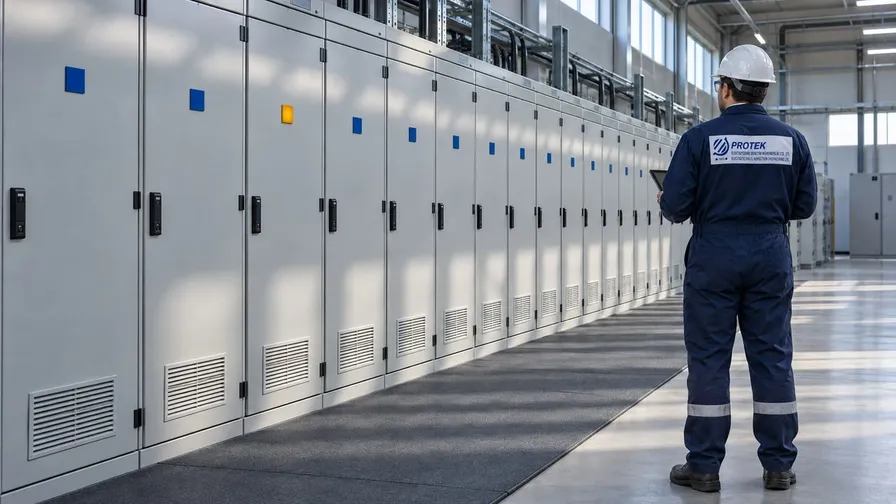 Elektrik odasında kapakları kapalı alçak gerilim pano sırası ve tabletle gözle kontrol yapan baretli teknisyen