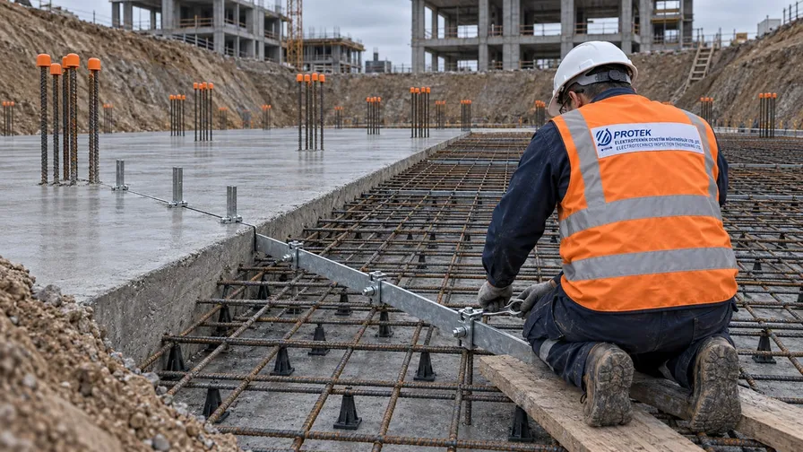 Kısmen betonlanmış temelde galvaniz topraklama şeridini donatıya kelepçeleyen işçi ve betondan yükselen bağlantı uçları