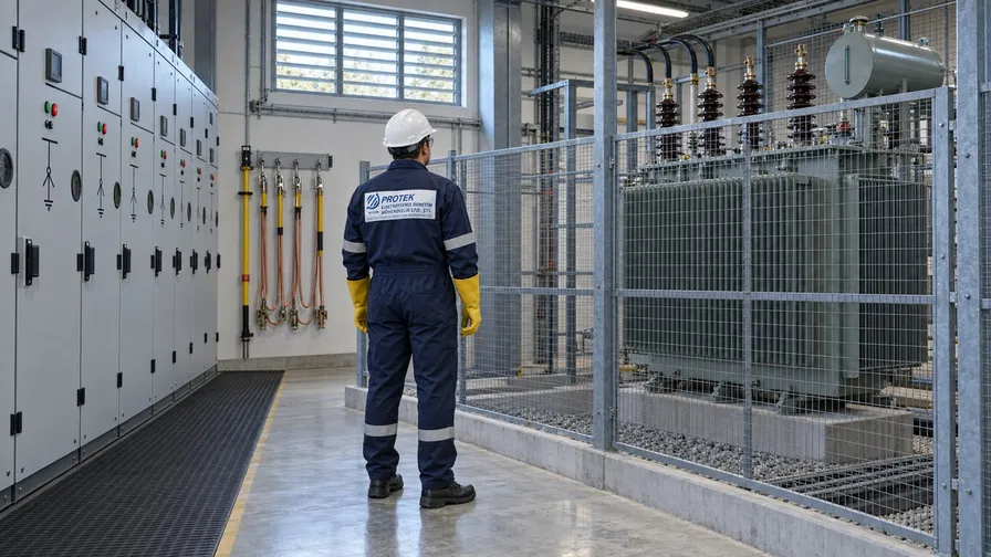 Trafo merkezinde baretli bir mühendis, tel kafes ardındaki transformatörü dokunmadan gözle inceliyor
