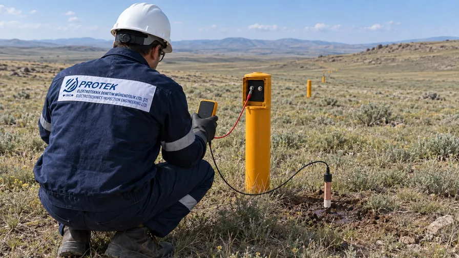 Bozkırdaki boru hattı güzergâhında teknisyen, test kutusu ve referans elektrotla katodik koruma potansiyelini ölçüyor
