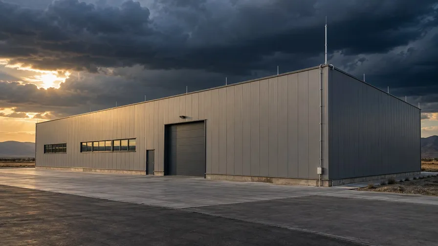 Fırtına öncesi koyu bulutlar altında, çatısında yakalama uçları ve köşesinde iniş iletkeni bulunan fabrika binası